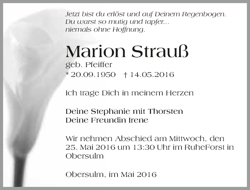  Traueranzeige für Marion Strauß vom 21.05.2016 aus 