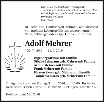 Traueranzeige von Adolf Mehrer 