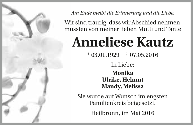  Traueranzeige für Anneliese Kautz vom 18.05.2016 aus 