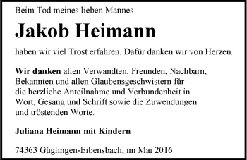 Traueranzeige von Jakob Heimann 