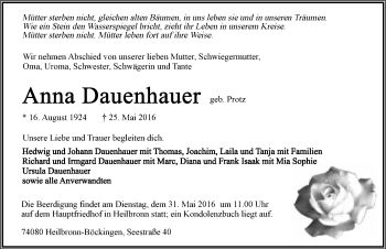 Traueranzeige von Anna Dauenhauer 