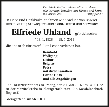 Traueranzeige von Elfriede Uhland 