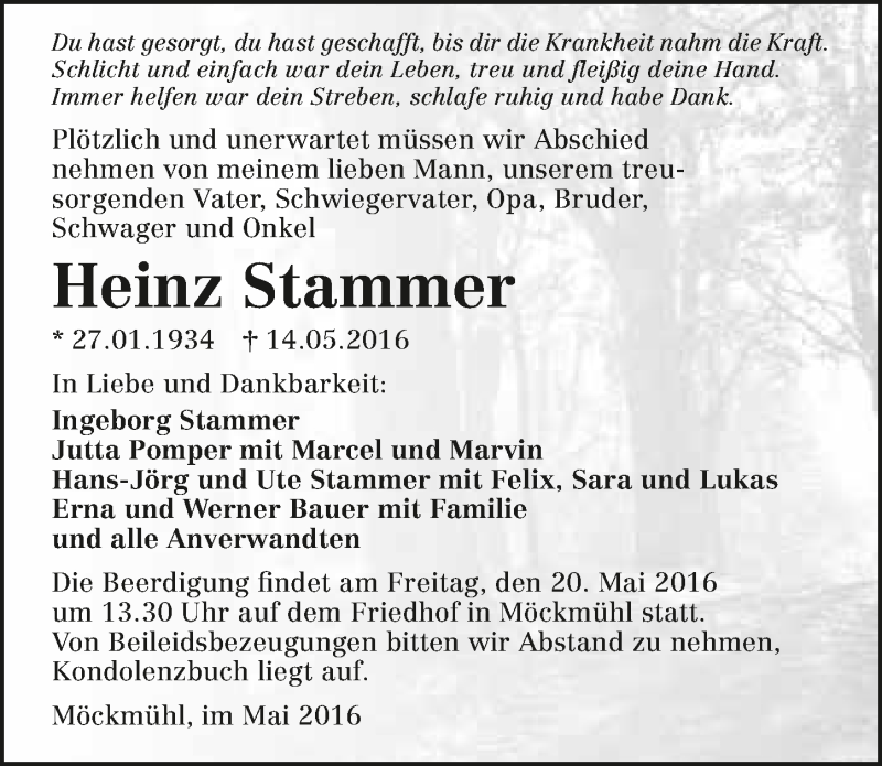  Traueranzeige für Heinz Stammer vom 18.05.2016 aus 