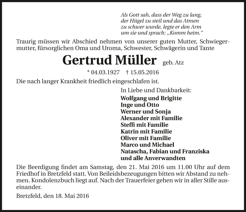  Traueranzeige für Gertrud Müller vom 18.05.2016 aus 