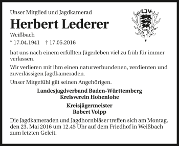 Traueranzeige von Herbert Lederer 