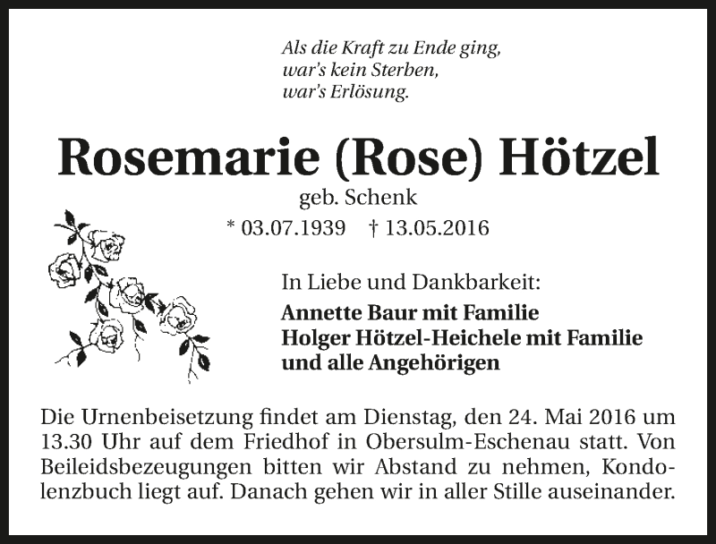  Traueranzeige für Rosemarie Hötzel vom 20.05.2016 aus 