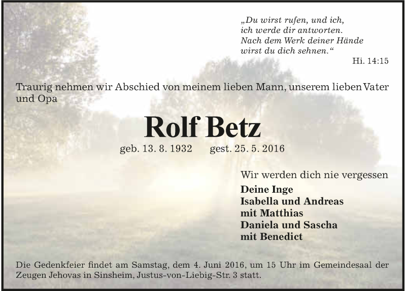  Traueranzeige für Rolf Betz vom 28.05.2016 aus 
