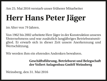 Traueranzeige von Hans Peter Jäger 