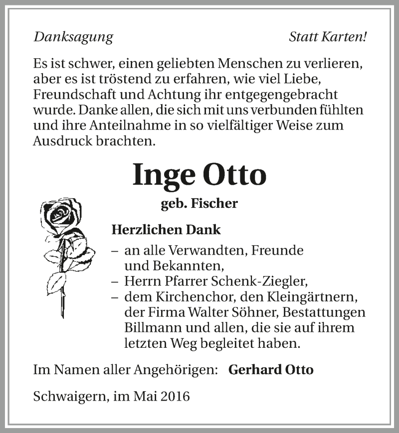  Traueranzeige für Inge Otto vom 19.05.2016 aus 