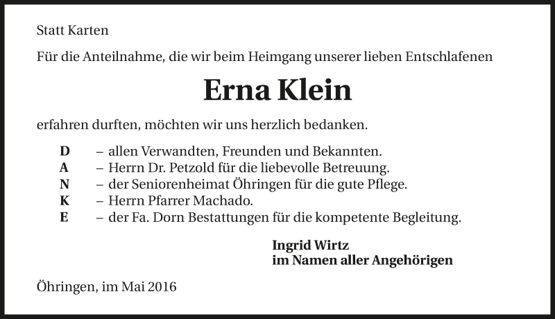  Traueranzeige für Erna Klein vom 21.05.2016 aus 