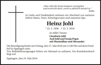 Traueranzeige von Heinz Johl 