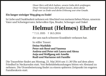 Traueranzeige von Helmut Ehrler 