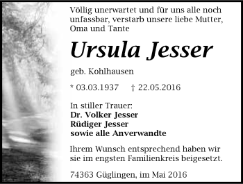 Traueranzeige von Ursula Jesser 