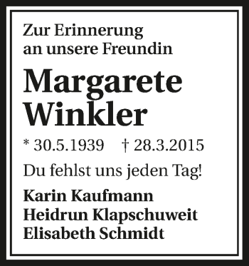 Traueranzeige von Margarete Winkler 