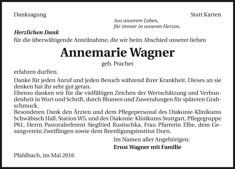  Traueranzeige für Annemarie Wagner vom 31.05.2016 aus 