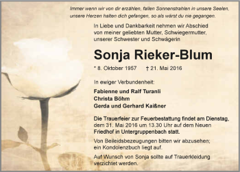 Traueranzeige von Sonja Rieker-Blum