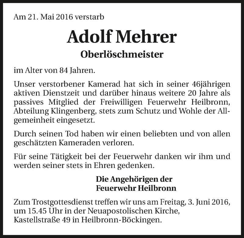  Traueranzeige für Adolf Mehrer vom 28.05.2016 aus 