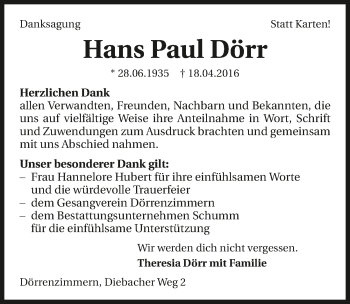 Traueranzeige von Hans Paul Dörr 