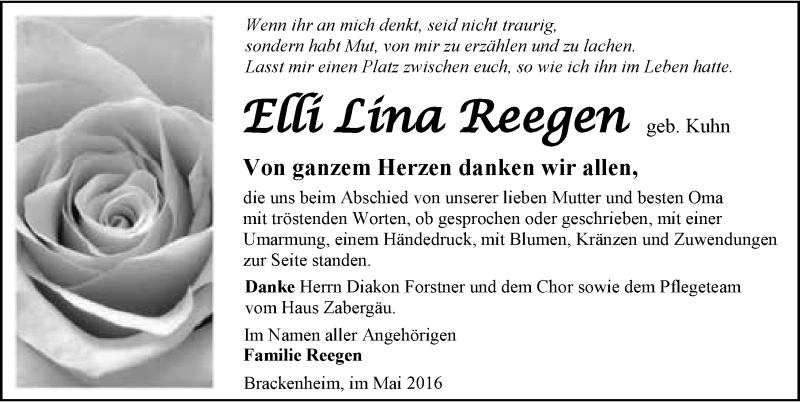  Traueranzeige für Elli ina Reegen vom 28.05.2016 aus 
