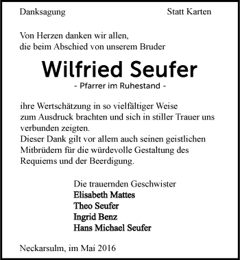 Traueranzeige von Wilfried Seufer 