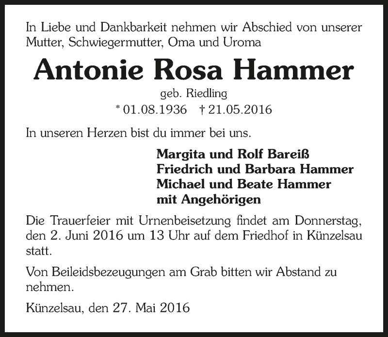  Traueranzeige für Antonie Rosa Hammer vom 27.05.2016 aus 