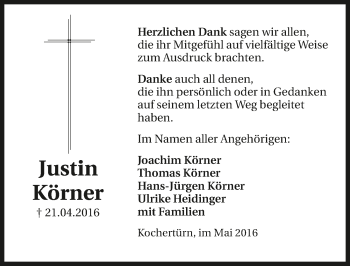 Traueranzeige von Justin Körner 