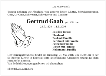 Traueranzeige von Gertrud Gaab 