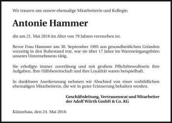 Traueranzeige von Antonie Rosa Hammer 