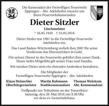 Traueranzeige von Dieter Sitzler 