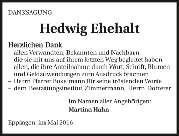 Traueranzeige von Hedwig Ehehalt 