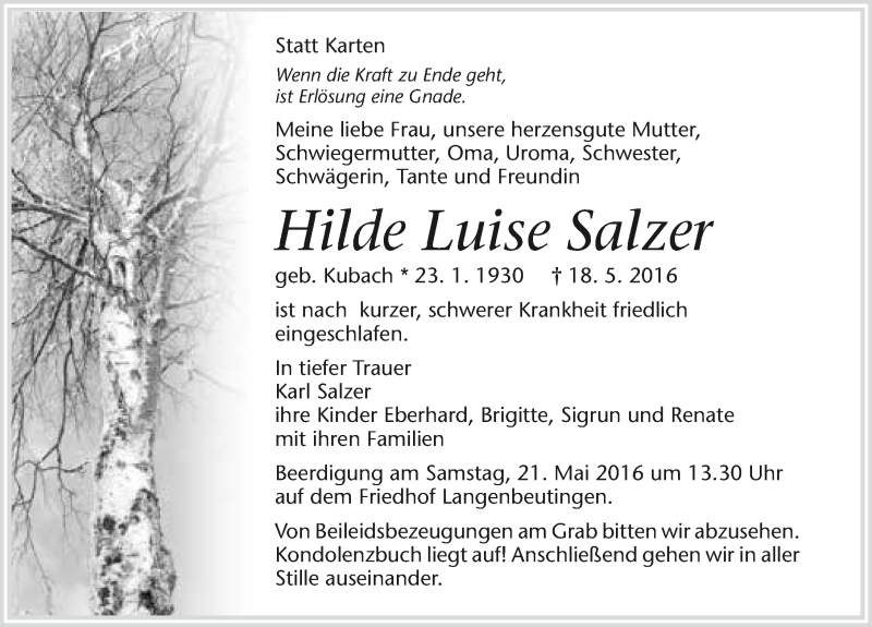  Traueranzeige für Hilde Luise Salzer vom 20.05.2016 aus 