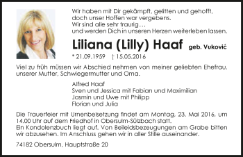 Traueranzeige von Liliana Haaf 