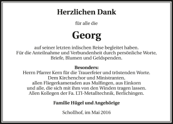 Traueranzeige von Georg Hügel 