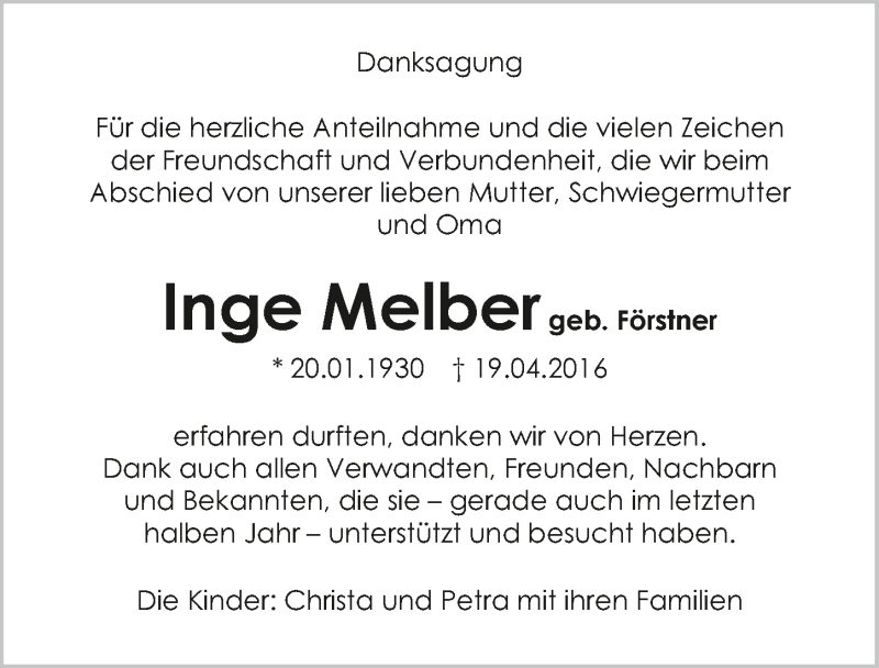  Traueranzeige für Inge Melber vom 21.05.2016 aus 