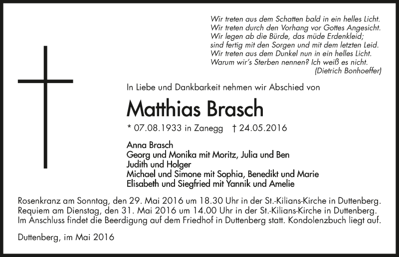  Traueranzeige für Matthias Brasch vom 28.05.2016 aus 