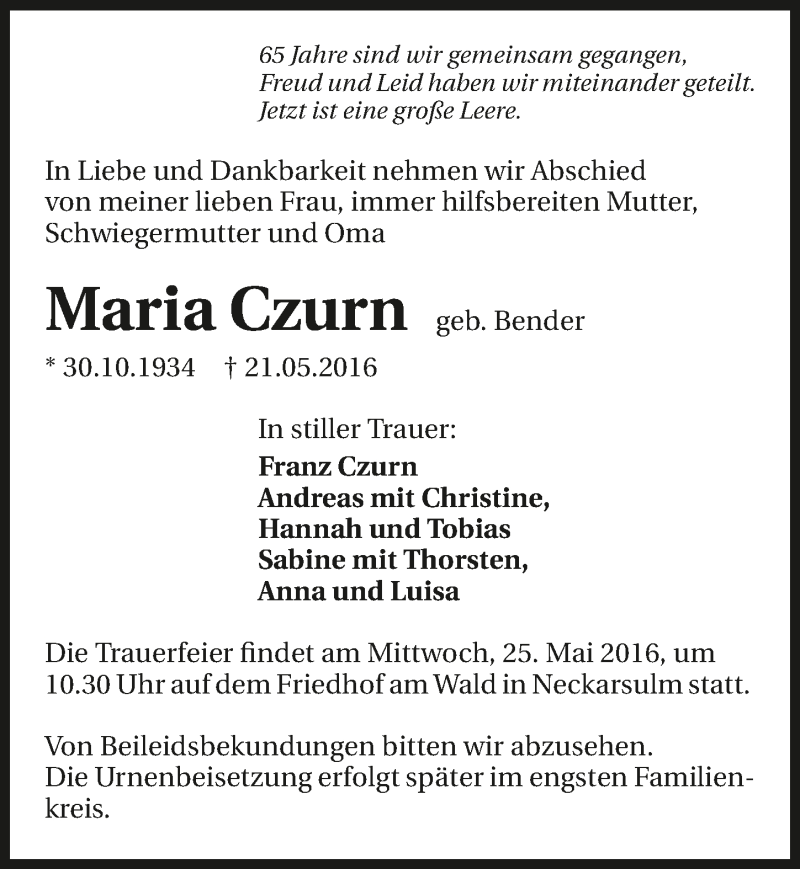 Traueranzeige für Maria Czurn vom 24.05.2016 aus 
