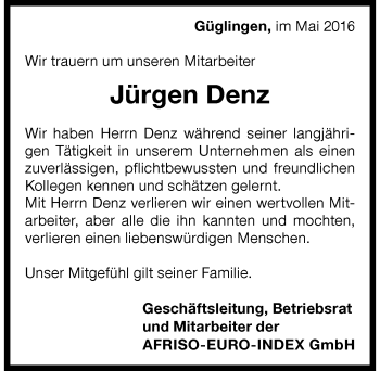 Traueranzeige von Jürgen Denz 