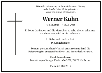 Traueranzeige von Werner Kuhn 