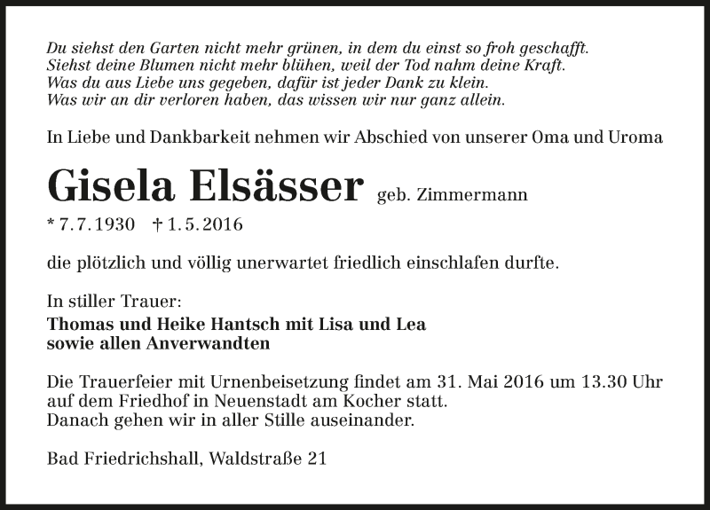  Traueranzeige für Gisela Elsässer vom 28.05.2016 aus 