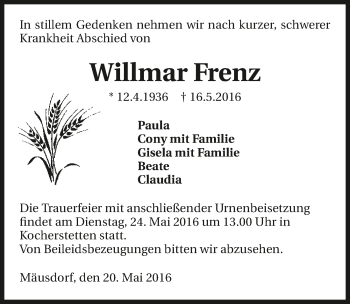 Traueranzeige von Willmar Frenz 