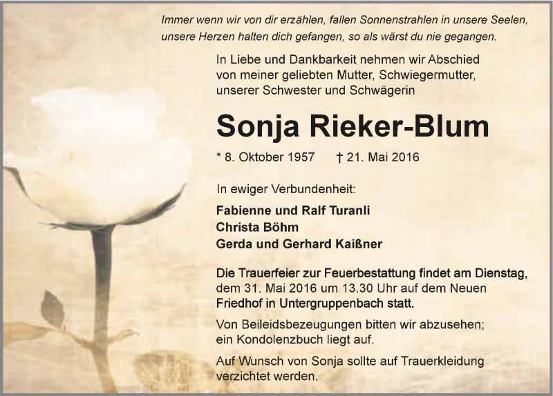  Traueranzeige für Sonja Rieker-Blum vom 28.05.2016 aus 