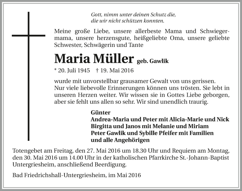  Traueranzeige für Maria Müller vom 25.05.2016 aus 