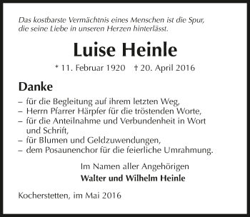 Traueranzeige von Luise Heinle 