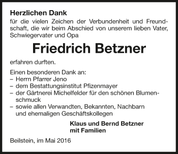Traueranzeige von Friedrich Betzner 
