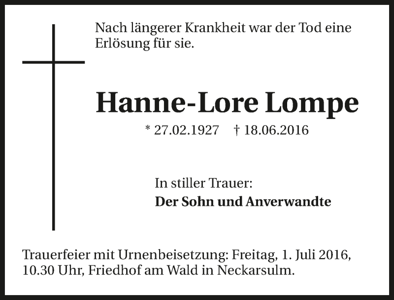  Traueranzeige für Hanne-Lore Lompe vom 25.06.2016 aus 