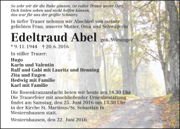 Traueranzeige von Edeltraud Abel 