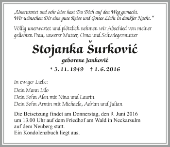 Traueranzeige von Stojanka Surkovic 