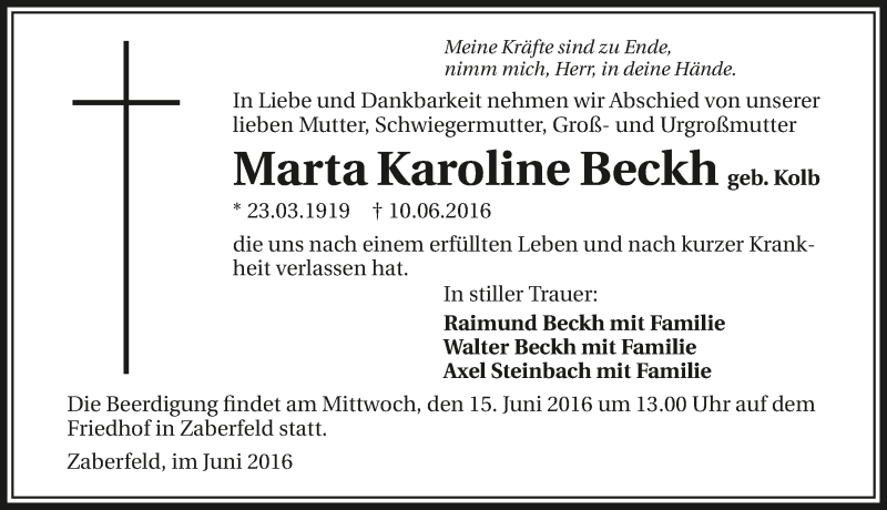 Traueranzeige für Marta Karoline Beckh vom 14.06.2016 aus 