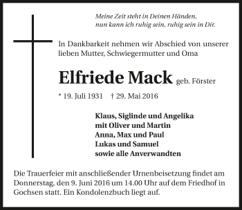 Traueranzeige von Elfriede Mack 