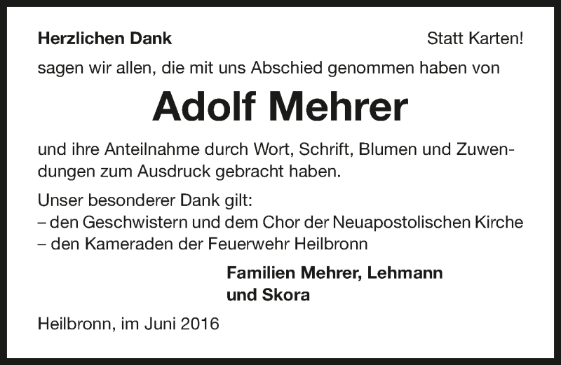  Traueranzeige für Adolf Mehrer vom 09.06.2016 aus 